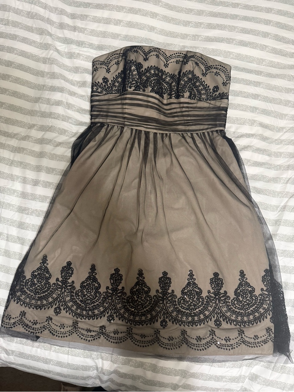 David's Bridal lined Dress in Beige with Black tulle Overlay and Shimmer